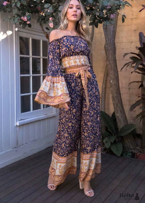 Boho Pants - Palazzo Pants in Leg Pants, Jasmine in Navy Blue For Women